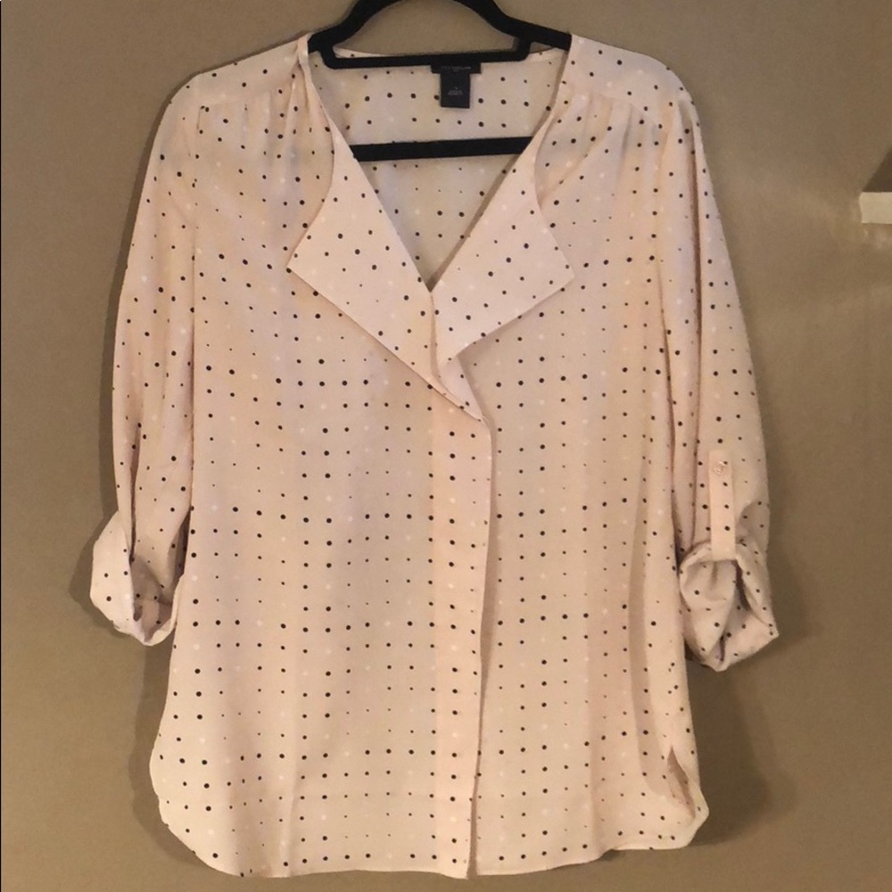 Pink 3/4 blouse. Black and white polka dots
